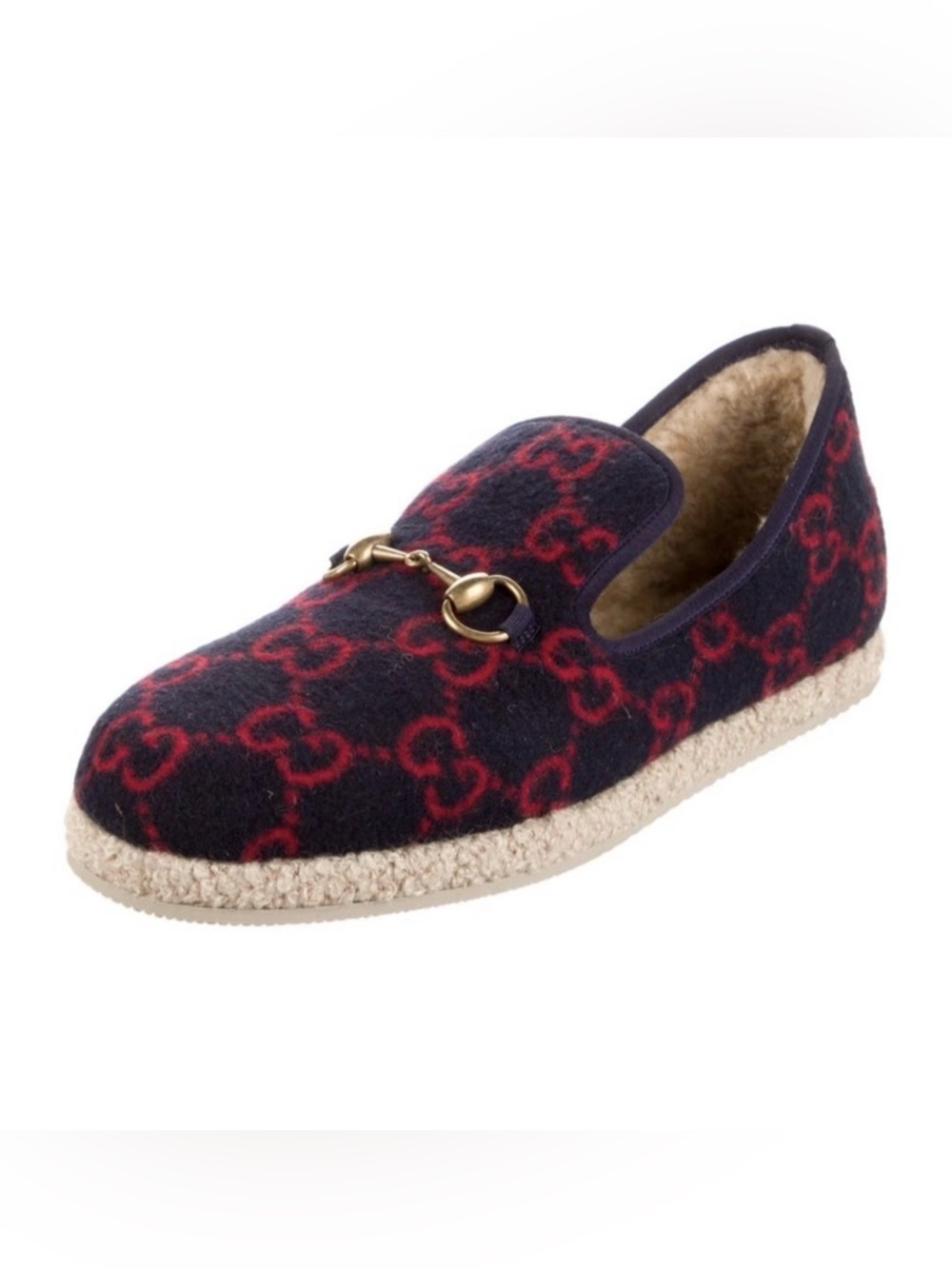 Gucci Navy Wool Slip-On Mule with Red GG Pattern and Gold Horsebit Size 7 UK